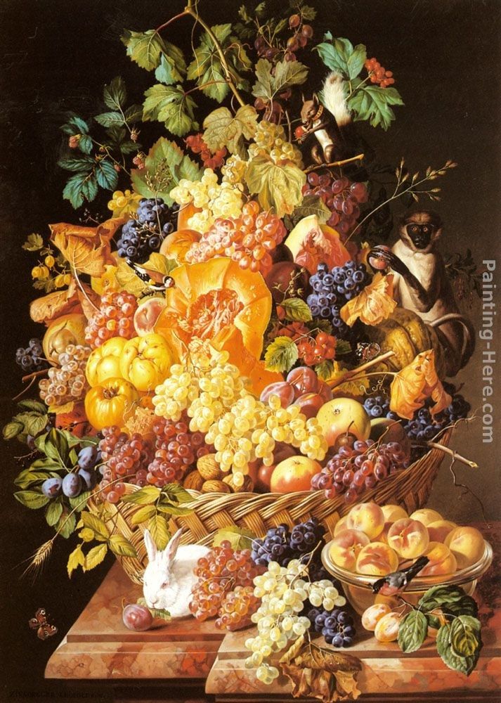 Leopold Zinnogger A Basket of Fruit with Animals